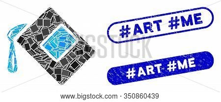 Mosaic Color Fill And Grunge Stamp Seals With Hashtag Art Hashtag Me Text. Mosaic Vector Color Fill 