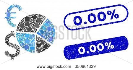 Mosaic Financial Pie Chart And Grunge Stamp Watermarks With 0.00 Percent Phrase. Mosaic Vector Finan