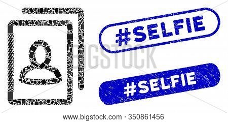 Mosaic Portrait Gallery And Rubber Stamp Seals With Hashtag Selfie Text. Mosaic Vector Portrait Gall