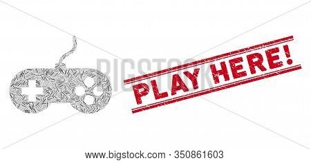 Mosaic Video Games Pictogram And Red Play Here Exclamation Seal Stamp Between Double Parallel Lines.