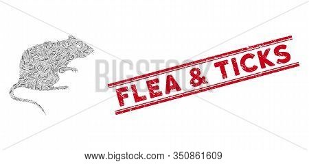 Mosaic Rat Icon And Red Flea And Ticks Seal Stamp Between Double Parallel Lines. Flat Vector Rat Mos