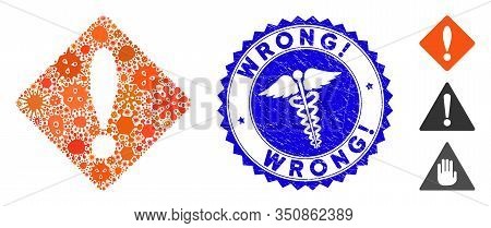 Infected Mosaic Error Icon And Rounded Rubber Stamp Seal With Wrong Exclamation Text And Medical Ico