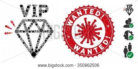 Mosaic Vip Brand Icon And Red Round Corroded Stamp Seal With Wanted Exclamation Text And Coronavirus