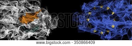 Flags Of Cyprus And Eu On Black Background, Cyprus Vs Europe Union Smoke Flags