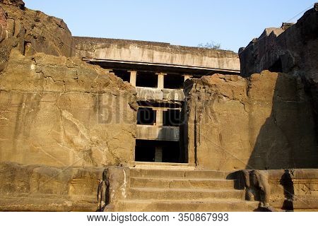 View Through Entrance Of Multi-storied Cave Temple At Ellora In Maharashtra, India, Asia