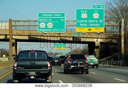 Chester, Pennsylvania, U.s.a - February 9, 2020 - Highway Signs On Interstate 95, Route 322 And Rout