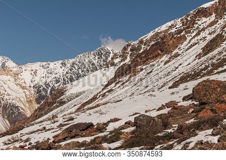 Natural Monument El Morado, Central Andes Of Chile. Beautiful Landscape Of Snowy Rocky Mountain.