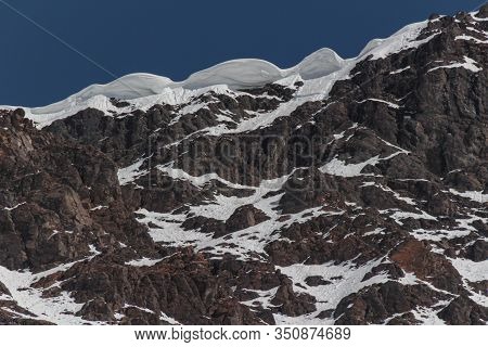 Natural Monument El Morado, Central Andes Of Chile. Beautiful Landscape Of Snowy Rocky Mountain.