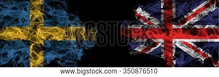 Flags Of Sweden And United Kingdom On Black Background, Sweden Vs United Kingdom Smoke Flags