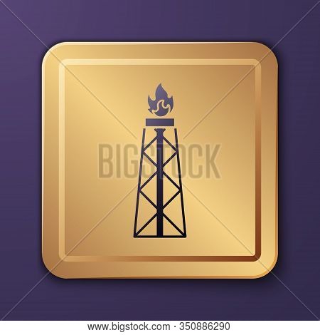 Purple Oil Rig With Fire Icon Isolated On Purple Background. Gas Tower. Industrial Object. Gold Squa