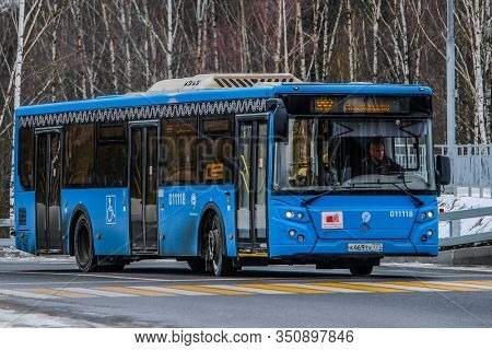 Moscow, Russia - February, 10, 2020: the image of a regular-route bus in Moscow, Russia