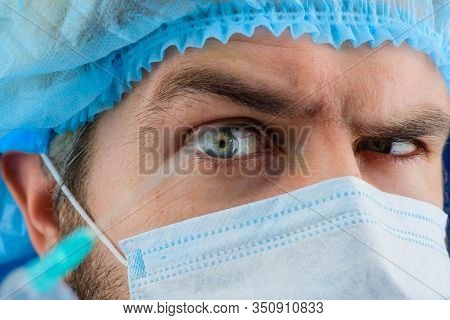Doctor With Syringe. Medicine. Closeup Injection. Concept Of Vaccination. Doctor With Syringe Prepar