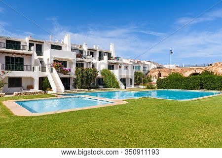 Minorca, Spain - October 12, 2019: Summer Villas With Swimming Pool In The Beautiful Town Of Fornell