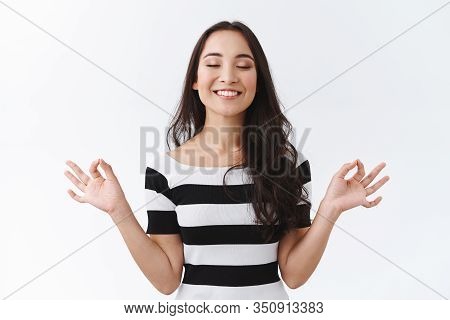 Girl Controlling Her Thoughts, Stays Positive And Relaxed Any Time, Close Eyes, Take Deep Breath And