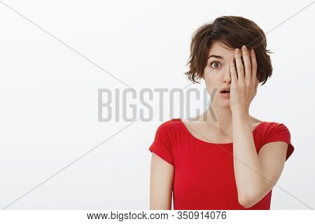 Shocked Speechless Impressed Woman Cover Half Face Palm Open Mouth Ambushed Wondered Gasping Stare C
