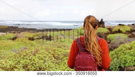 Hiking In Spring Time. Back View Of Girl Exploring The Northern Of The Island Of Lanzarote, Canary I