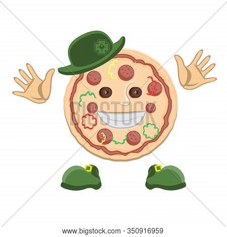 Pizza Character Face In A Green Top Hat With Clover Hands And Shoes On A White Isolated Background. 