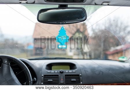 Miercurea Ciuc, Romania- 15 February 2020: Hanging Wunder Baum Tropical Air Freshener On Car Interio