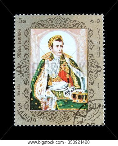 Cancelled Postage Stamp Printed By Sharjah, That Shows Napoleon Bonaparte, Circa 1972.