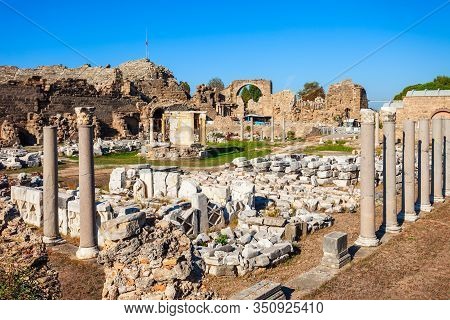 Side Tyche Temple At The Ancient City Of Side In Antalya Region On The Mediterranean Coast Of Turkey