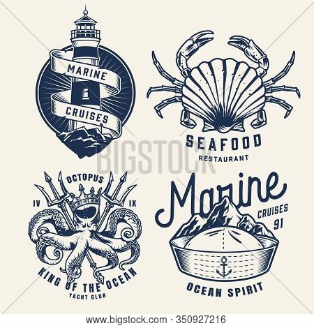 Vintage Monochrome Nautical Badges With Lighthouse Seashell Crab Sailor Hat Poulpe With Crown And Cr