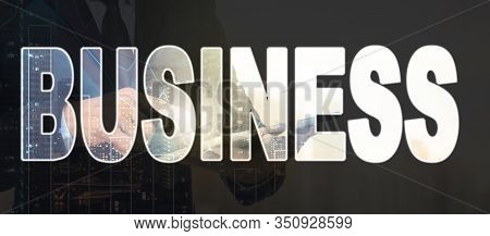Business Text Marking Of Double Exposure Of Businessman Using The Tablet With Cityscape And Financia