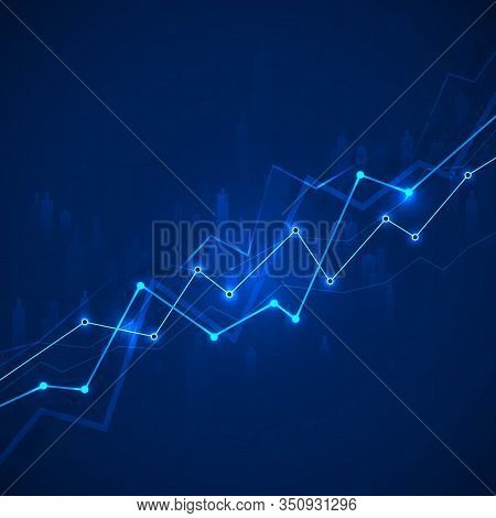 Abstract Financial Chart With Graph And Stock Market On Blue Background. Business Data  Statistic. V
