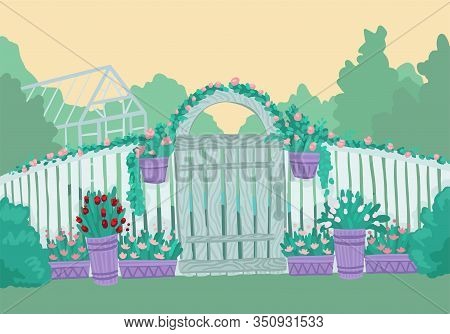 Summer Landscape. Entrance To The Green Garden, With Wood Fence. Vector Illustration.