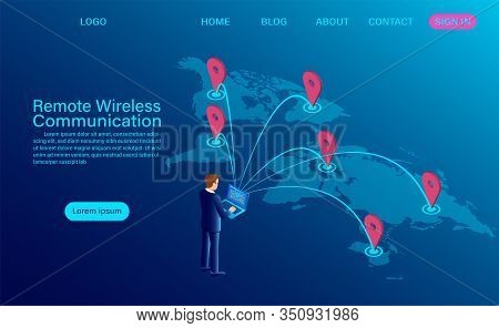 Banner World-class Wireless Remote Communication Concept. Isometric Flat Design. Vector Illustration