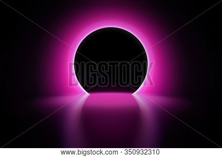 Pink Neon Round Frame. Luminous Swirling Bunner. Shining Circle Light Banner. Glowing Spiral. Light 