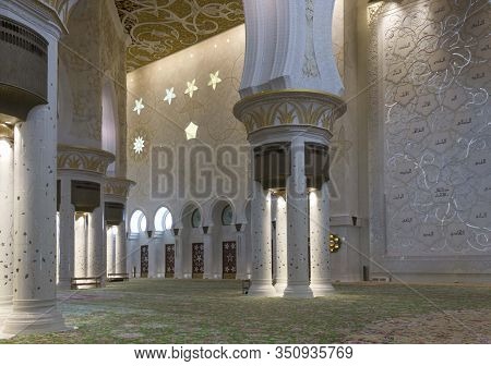 Abu Dhabi, Uae - December 28 2017: Majestic Interiors Of The Great Mosque Of Abu Dhabi