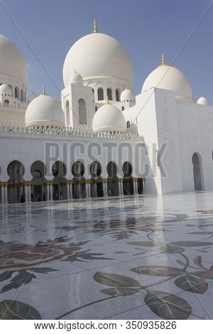 Abu Dhabi, Uae - December 28 2017: External View Of Sheikh Zayed Grand Mosque In Abu Dhabi