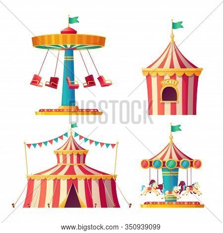 Circus Elements Set. Circus Tent, Carousels, Cashbox On White Background. Vector Illustration
