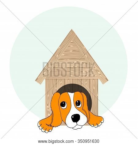 Sad Red Dog In A Wooden Booth. Cartoons Pet Animal Art Design Stock Vector Illustration For Web, For