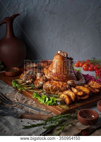 Food Photography Of Large Plate Of Tasty Meat Set Meal Of Pork Knuckle With Homemade Sausage For A B
