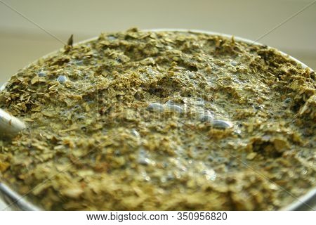 Closeup Green Yerba Mate. Flooded Yerba Mate Tea Leaves. Brewed Tea With Sticks And Tea Leaves From 