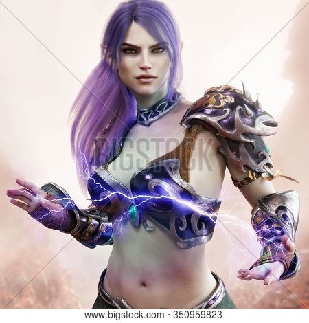 Portrait Of A Fantasy Dark Elf Female Warlock Displaying Her Mystic Power. 3d Rendering . Fantasy Ba