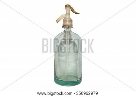 Glass Siphon With A Handle On Which There Is A Pump To Draw The Drink, Isolated On A White Backgroun