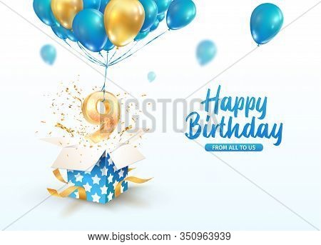 Celebrating Of 9 Th Years Birthday Vector 3d Illustration. Ninth Anniversary Celebration. Open Gift 