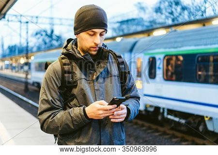 Sopot Railway Station. Traveler Waiting For Transportation. Travel Concept. Man At The Train Station