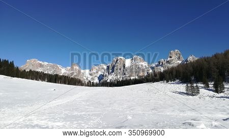 Mountain Landscape. Dolomites View From Calaita Lake, Italian Panorama.