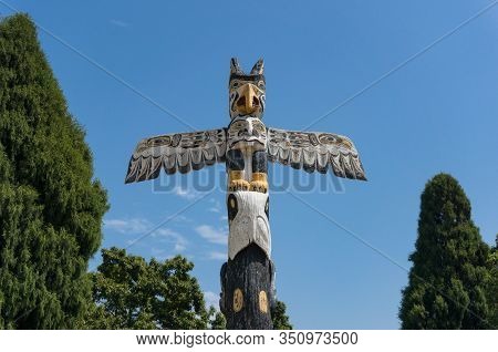 Sydney, Australia - January 26, 2020: Magic Creature Bird With Spread Wings Wooden Totem At Victoria