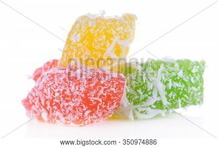 Traditional Thai Dessert Yellow Red And Green Isolate On White Background.