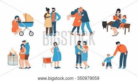 Young Family. Happy Father, Mother And Their Child Cartoon Characters, Parents In Pregnancy Period. 