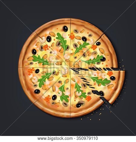 Realistic Pizza Pieces. Fresh Pizza Part With Stretching Cheese Ready To Eat, Traditional Italian Fo