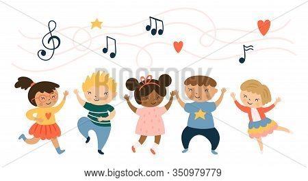 Cute Children Characters Dancing And Enjoying Music. Childish Print For Card, Stickers And Party Inv