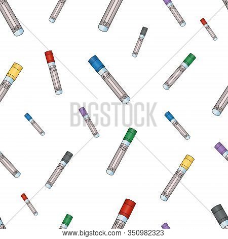 Test tubes. Empty vacuum tubes for several types of analysis of venous blood tests. Seamless vector pattern. An endlessly repeating ornament. Isolated background. Caps in different colors. Info on the tube. Medical topics. Idea for web design.
