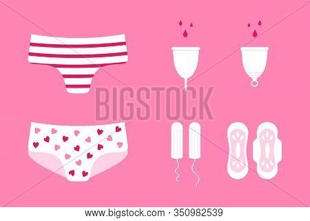Set, Collection Of Vector Cartoon Style Icons For Female Hygiene Design.