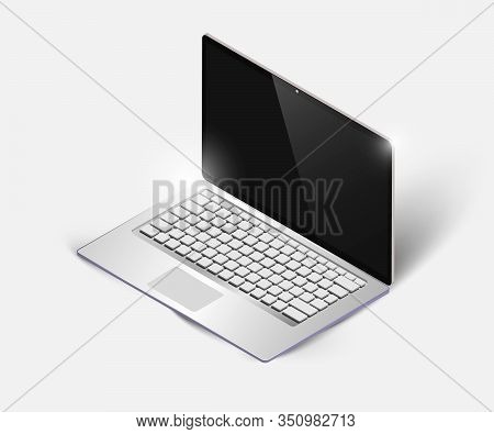 3d Realistic High Detailed Thin Laptop Isometric View. Silver Gradinet Surface, White Buttons And Re