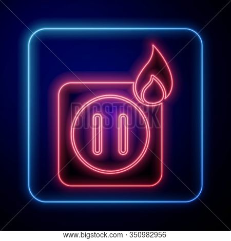 Glowing Neon Electric Wiring Of Socket In Fire Icon Isolated On Blue Background. Electrical Safety C